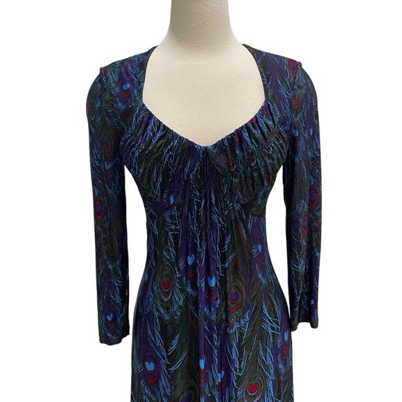 Muse Womens Peacock Feather Print Dress Deep V-Neck Sz 6 Boho Chic Evening Wear - Picture 4 of 11